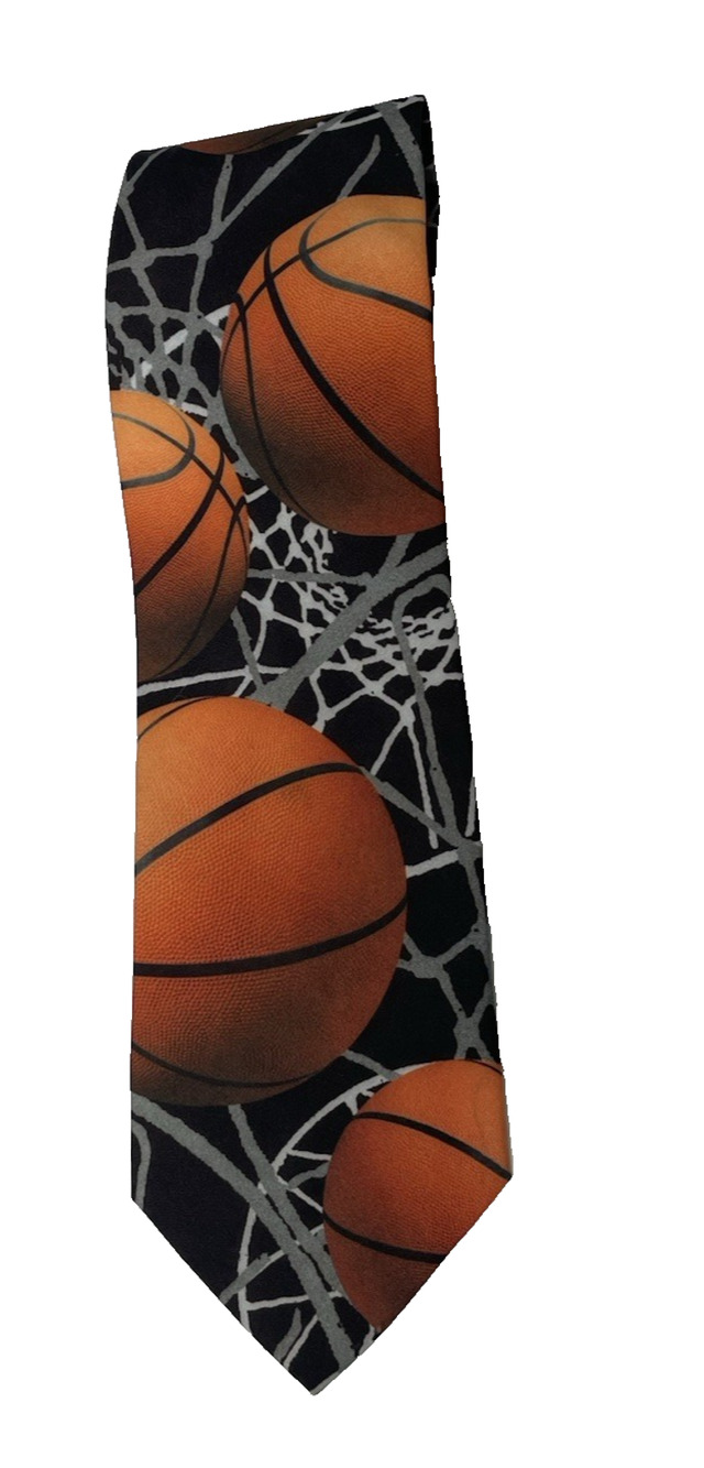 VINTAGE RALPH MARLIN TIE BASKETBALL DESIGN 100% POLYESTER ORANGE, BLACK, GRAY
